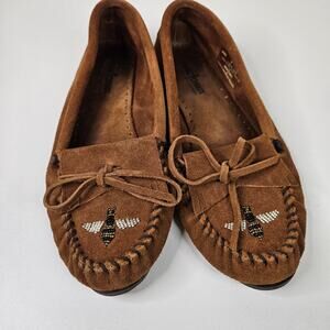 Minnetonka Moccasins Shoes Womens 9 Brown Suede Flat Slip-on Beaded Bee Boho